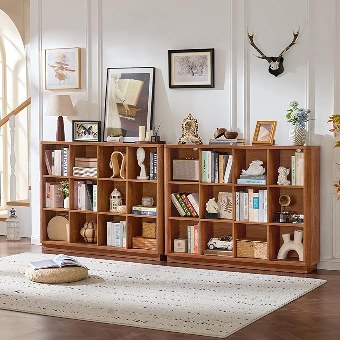 12 Cube Storage Organizer, 41" Wide Large Bookshelf with Curved Edge, Wood Floor Standing 3-Tier Cubby Bookcase w/Base, Rustic Display Storage Cabinet, Book Case for Home Office, Brown