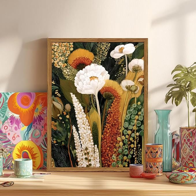Framed Vintage Floral Canvas Wall Art, Abstract Flower Pictures Wall Decor, Boho Wildflower Botanical Paintings Prints Mid Century Modern Home Decor Aesthetic for Living Room Bedroom 12x16 inch
