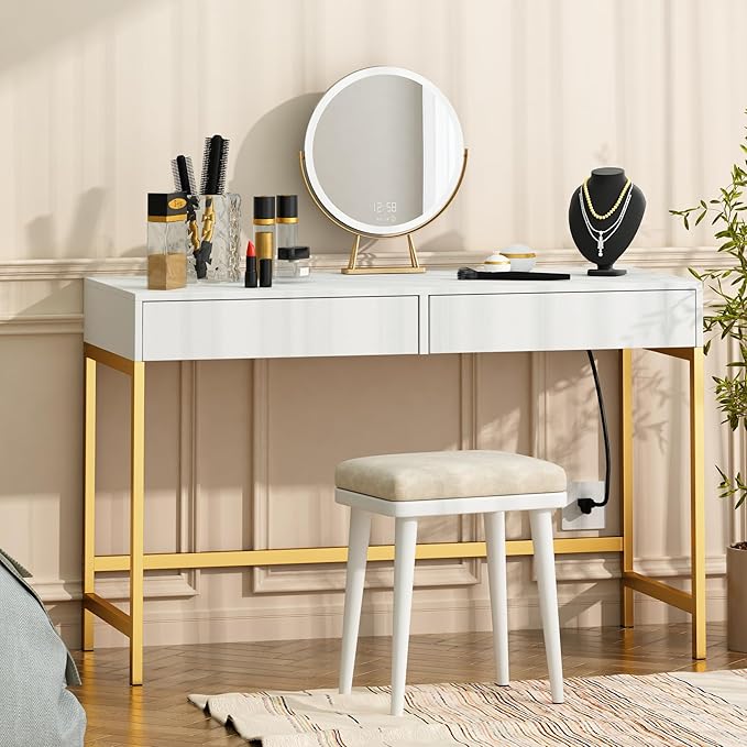 Treocho Computer Desk with USB Charging Ports and Power Outlets, Modern Simple 47 inch Vanity Desk with 2 Drawers, Makeup Table for Home Office, Bedroom, White and Gold