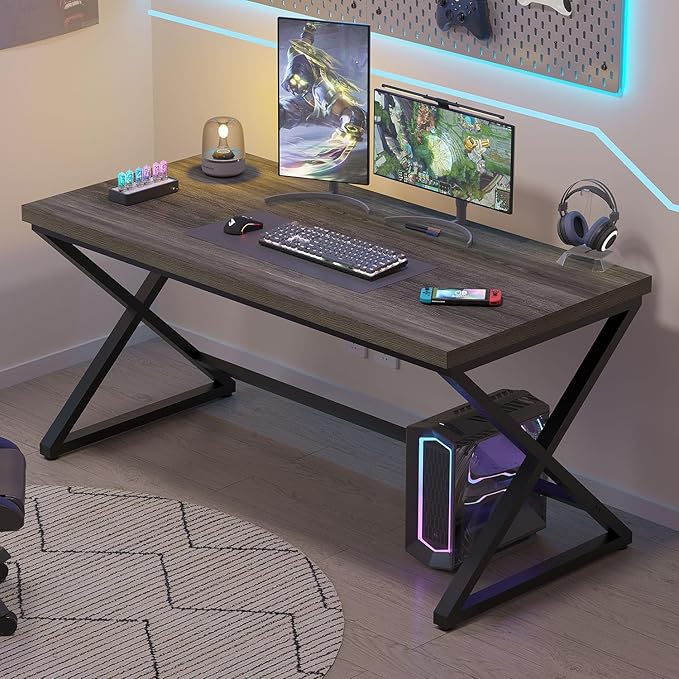 IBF Grey Home Office Desk, Modern Computer Desk for Writing Study, Wood Metal Rustic Pc Gaming Executive Work Desk, Industrial Workstation Computer Table in Bedroom, Dark Gray Oak, 55 Inch