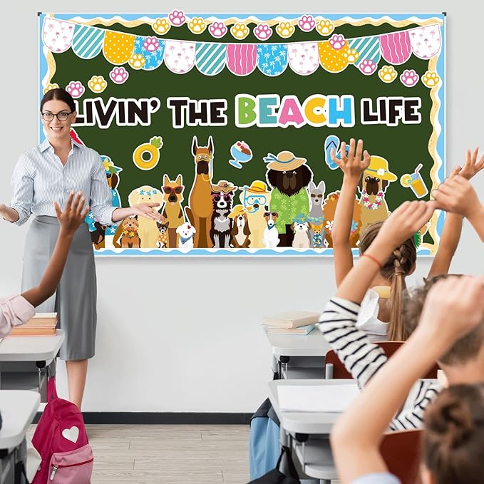 Summer Dog Bulletin Board Decorations Hawaiian Dog Theme Classroom Back to School Bulletin Board Border Set Cute Puppy Pet Dog Paw Paper Cutouts for School Chalkboard Supplies Wall Decor