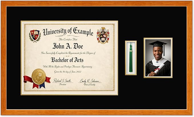 CountryArtHouse Diploma Tassel and Photo Shadowbox Fits 17 x 13 International Diploma with Tassel Hook and 5 Honey Oak Genuine Hardwood with Black Over Metallic Gold Double mat