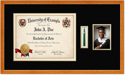 CountryArtHouse Diploma Tassel and Photo Shadowbox Fits 17 x 13 International Diploma with Tassel Hook and 5 Honey Oak Genuine Hardwood with Black Over Metallic Gold Double mat