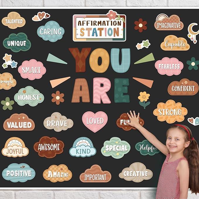 45pcs Classic Boho Bulletin Board Set Motivational Posters Classroom Mirror Growth Mindset Decor Positive Affirmations Accents Cutouts for School Office Home Teacher Wall