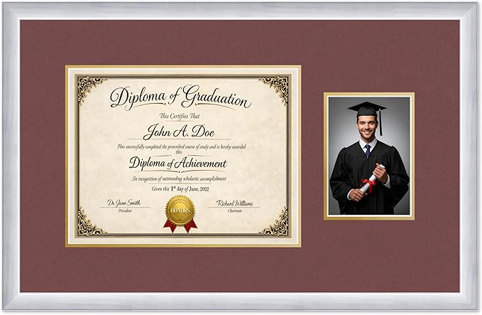 Diploma Frame With Photo Opening Stainless Silver Dark Red Over Gold Mat - Fits 13 x 10 Degree and Picture Made in the USA
