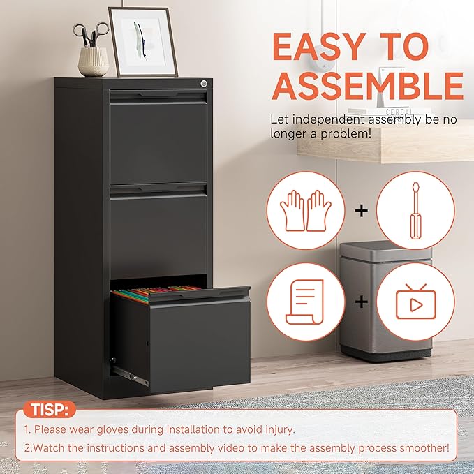 3 Drawer File Cabinet,Filing Cabinets for Home Office, Metal Vertical File Storage with Lock, Locking for A4 Legal/Letter, Assembly Required(Black)