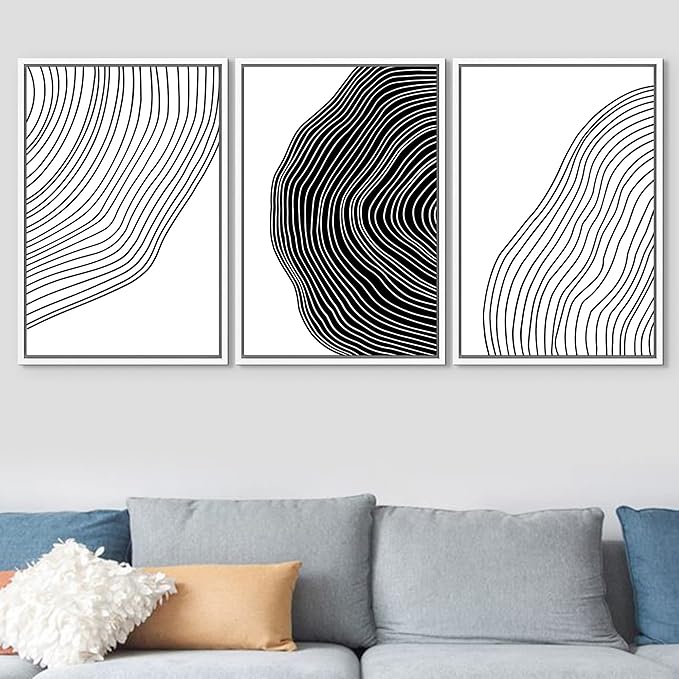 SIGNFORD Framed Canvas Print Wall Art Set Black White Spiral Ring Polygons Abstract Shapes Illustrations Modern Art Bohemian Nordic Relax/Calm for Living Room, Bedroom, Office - 16"x24"x3 White