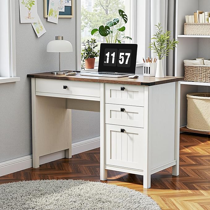 Farmhouse Executive Desk 45 inch Computer Desk with 4 Drawers, Smart Charging Station, Home Office & Study Room Essential for Remote Workers, Professionals & Students.Antique White