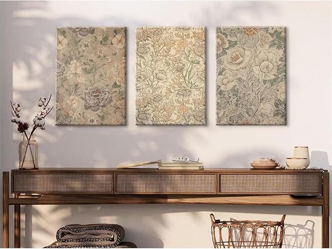 Vintage Flower Wall Art Decor Beige Floral Canvas Wall Art Botanical Rustic Pictures Prints Farmhouse Antique Painting Vintage Flower Poster for Living Room Bedroom 12x16 Inch Wrapped Canvas Set of 3