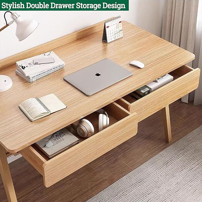 Scandinavian Natural Wood Desk,Small Home Office Desk with Drawers & Shelves,Writing Desk Workstation,Contemporary Computer Desk Study Desk Table(23.6" L x 19.5" W x 32" H, Brown)