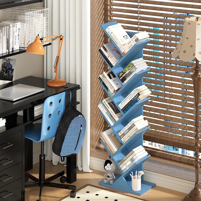 10 Tier Tree Book Shelf, Floor Standing Wood Bookshelf for Narrow Space, Storage Organizer Bookshelves for Books/CDs/Magazine, Bookcase with Shelves for Home Office, Living Room - Pure Blue