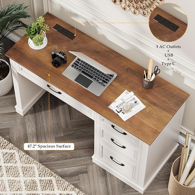 Farmhouse 47" Executive Desk, Computer Desk with Drawers and File Drawer, Workstation Computer Desk with Charging Station for Home Office,Study.Unique White