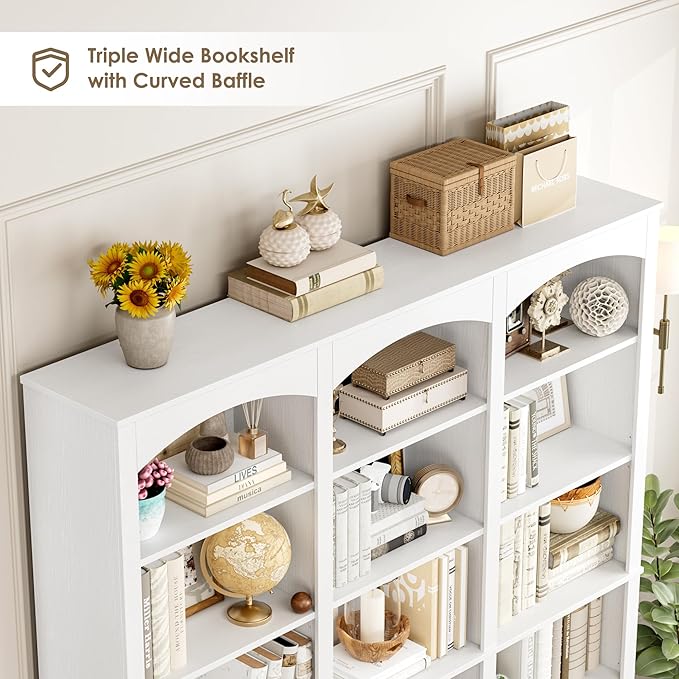 FACBOTALL 71" Triple Wide Bookshelf, 6 Tier Bookcase, Large White Bookshelf with Curved Baffle, 63.4" Wide White Bookcase with 18 Open Display Shelves for Living Room, Study, White