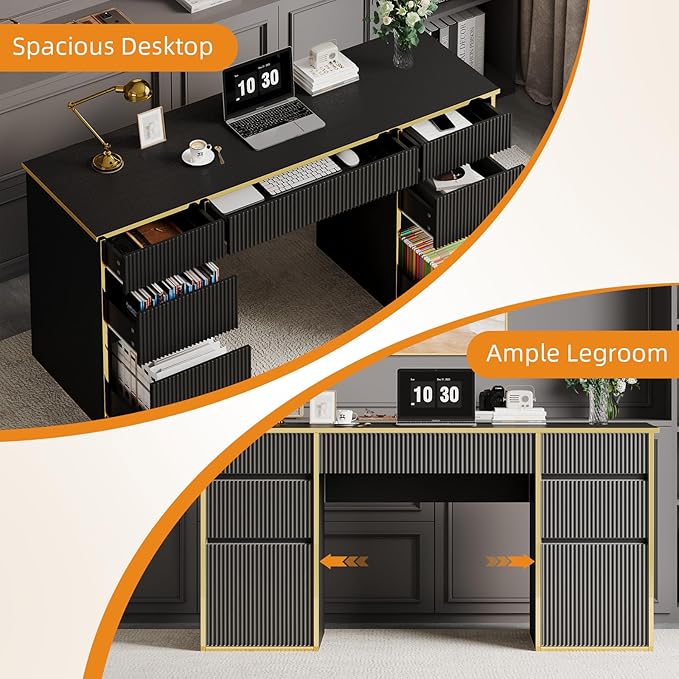 Black Computer Desk with Drawers, 58 Inch Home Office Desk with File Drawers for Bedroom, Executive Desk with Storage for Study, Black and Gold