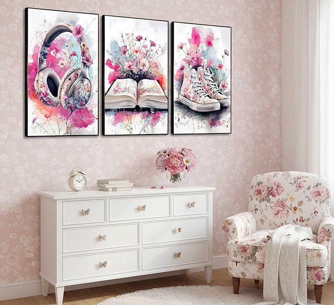 3Pcs Teen Girls Bedroom Canvas Wall Art Fashion Headphones Book and Shoes Pink Watercolo Splash Flower Painting Pictures Wall Decor Print Artwork for Living Room Dorm Home Decoration Unframed