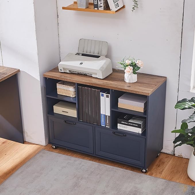 40" Lateral File Cabinet,Farmhouse Wood Small Home Office Storage with Wheels,Filing Cabinet with 2 Drawers for Legal/Letter/ A4 Size (Blue)