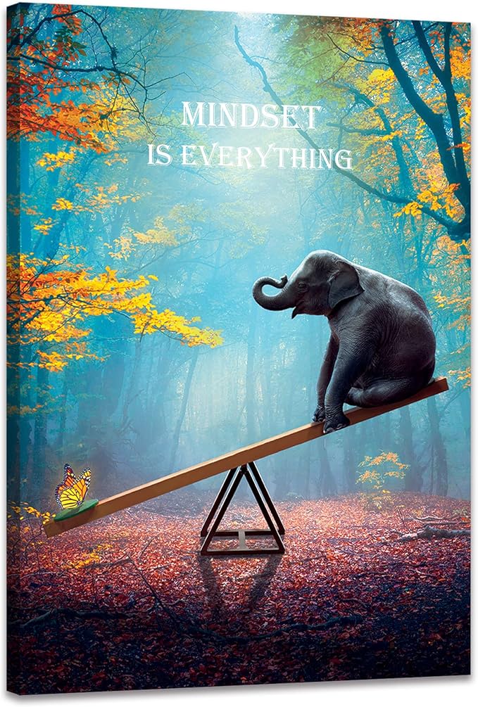 Elephant Wall Art Mindset Motivation Office Wall Canvas Animals Poster Framed Artwork for Living room Ready to Hang (16x24 inch)
