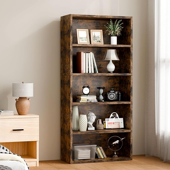 5-Tier Bookcase and Bookshelves, Freestanding Wood Bookshelf, 53" Tall Bookcase with Adjustable Shelves, for Living Room, Bedroom, Home Office, Retro Brown