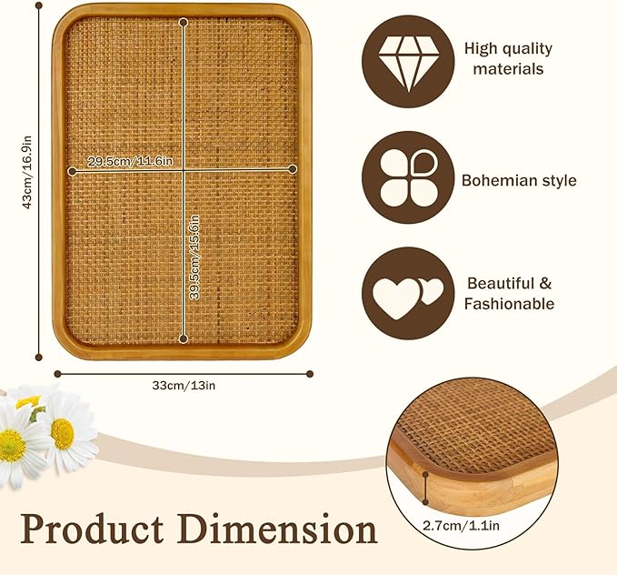 13" x 17" Bulletin Board, Round-Edged Rectangle Cork Board，Wooden Frame with Boho Style Rattan Wall Organizer,3343Teng