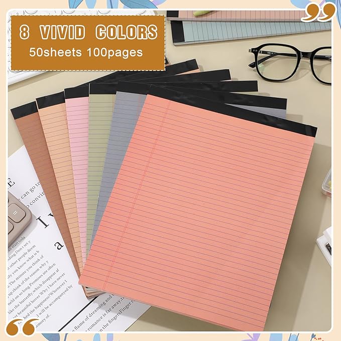 Fuutreo 8 Pcs 8.5'' x 11'' Colored Legal Pad 50 Sheets Per Writing Pads Narrow Ruled Notepad Perforated Writing Notepad Office Supplies for College Office Business (Advanced Grey)