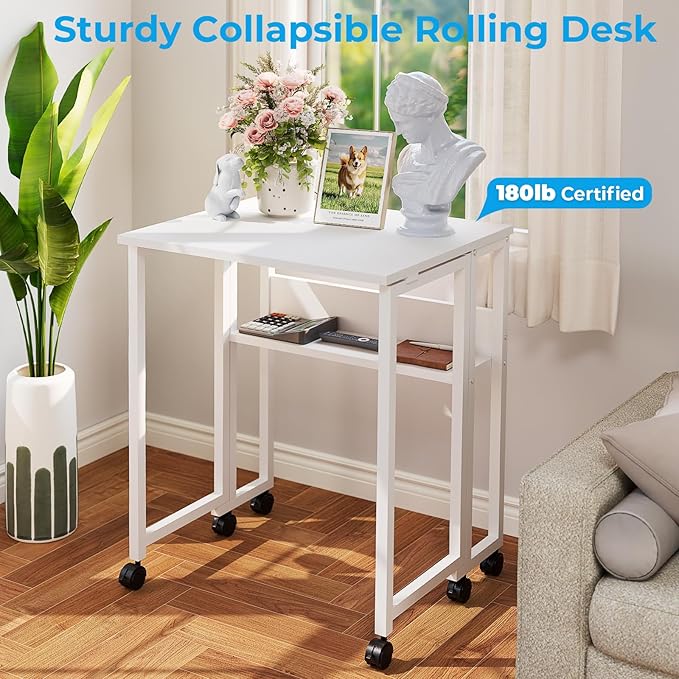 GreenForest Folding Desk Small Rolling Desk with Storage Shelf, 31.5 inch Foldable Computer Desk with Wheels for Small Space, Easy Assembly,Pure White