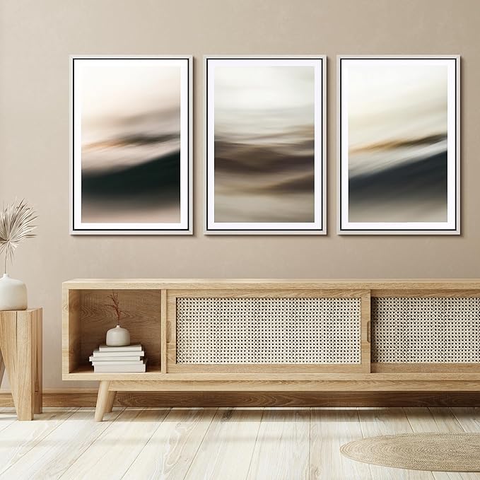 SIGNFORD Framed Wall Art Print Set Neutral Coastal Abstract Minimalist Ocean-Inspired Digital Art Modern Art Contemporary for Living Room, Bedroom, Office - 16"x24"x3 White