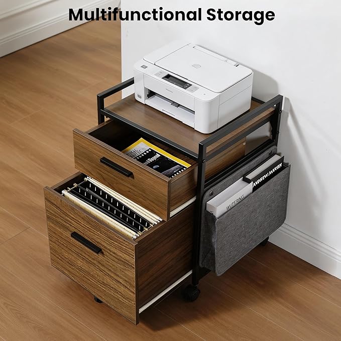 EUREKA ERGONOMIC 2-Drawer Mobile File Cabinet with Wheels, Solid Wood Rolling Storage Cabinet for Home Office, Space-Saving Under Desk Organization with Printer Stand, Walnut