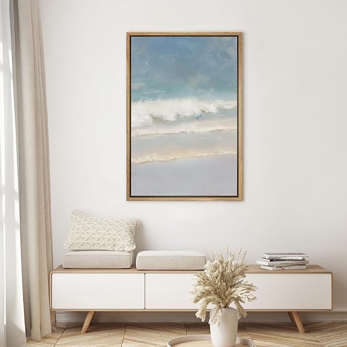 SIGNWIN Framed Canvas Print Wall Art Coastal Ocean Waves and Blue Sky Seascape Illustrations Modern Decorative for Living Room, Bedroom, Office - 16"x24" NATURAL