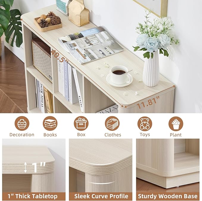 6 Cube Bookcase, 40" Wide Horizontal 2-Tier Book Shelf w/Curved Edge, Wood Low Floor Standing Bookshelf with Base, Modern Short Storage Organizer for Living Room,Office, Gray-White Cream Oak