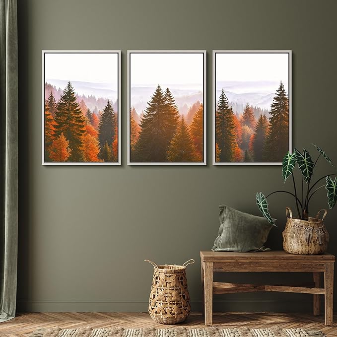 SIGNFORD Framed Wall Art Print Set Golden Autumn Forest Warm Sunrise Landscape Digital Art Modern Art Contemporary for Living Room, Bedroom, Office - 16"x24"x3 White