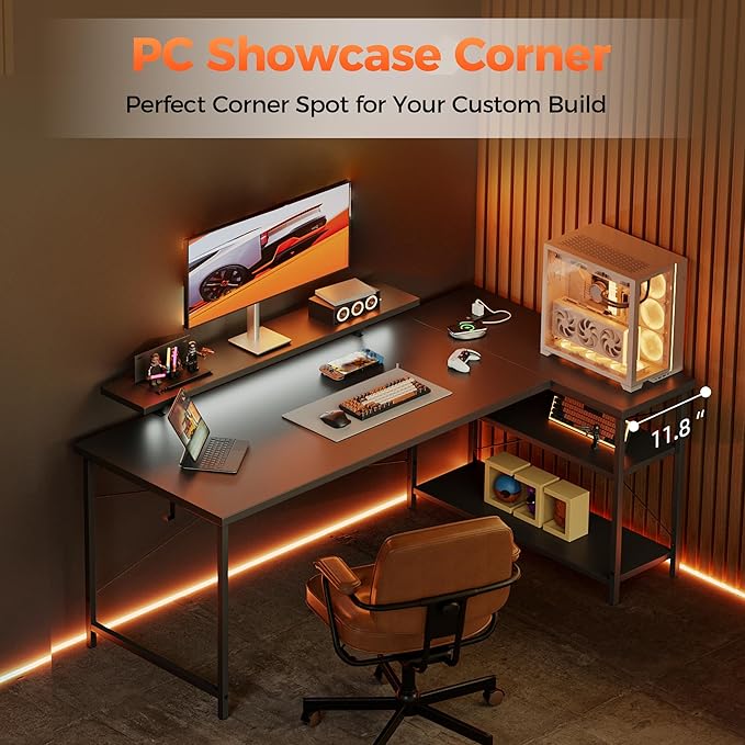 Mericonia Small L Shaped Computer Desk with Power Outlets, Reversible Gaming Desk with Storage Shelves & Monitor Stand, Corner Gamer Desk Table, Study Writing Table