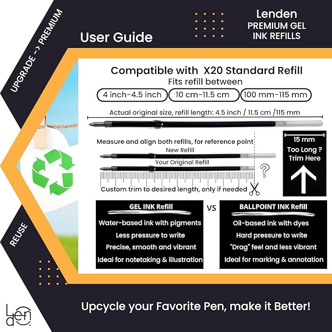 Pack of 12 Gel Ink Refill for Retractable Pens, Fine Tip Point 0.5mm, Black Ink, Fits Retractable Pen, Universal Size Refill, 115mm/11.5cm/4.5 inches (Black, 115mm, Fine Tip)