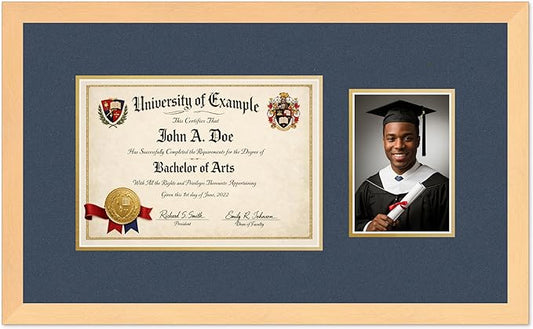 CountryArtHouse Fits 11.69 x 8.27 A4 Certificate and 5 x 7 Photo Diploma and Photo Frame Natural Wood Genuine Hardwood with Navy Blue Over Metallic Gold Double mat