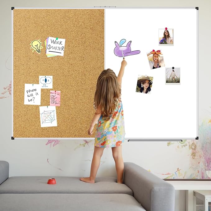 XBoard Magnetic White Board and Bulletin Corkboard Combination, 36 x 24 Inch Half Dry Erase & Cork Combo Board for wall with Aluminum Frame, 3' x 2' Notice Memo Board Tack Pin Board Vision Board
