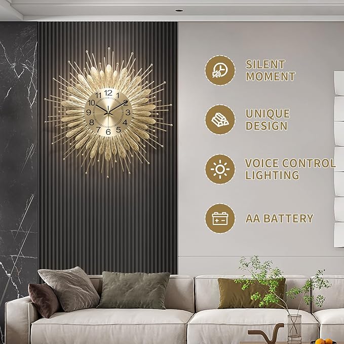 27" Gold Mid Century Modern Wall Clock，Battery Operated Decorative Decorative Metal Wall Clock for Living Room/Bedroom/Office/Bathroom Wall Art&Clocks