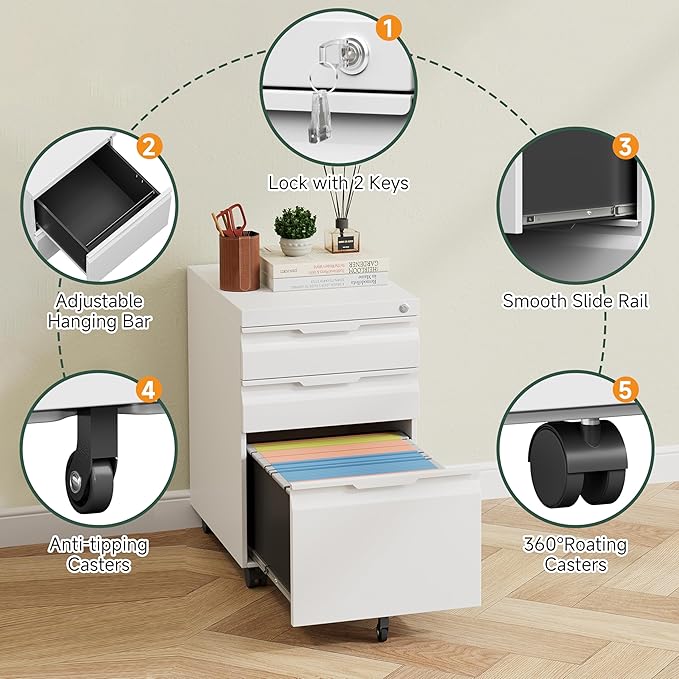 3 Drawer Metal Rolling File Cabinet with Lock, Under Desk Mobile Filing Cabinet for Home Office, Steel Storage Cabinet with Wheels for A4/Letter/Legal Documents, Easy Assembly, White