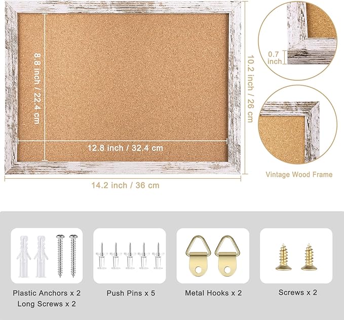 Cork Board Bulletin Board, 14.2x10.2 inches Decorative Hanging Framed Cork Boards for Walls, Pin Board Vision Board for School Home Office, Bulletin Board with White Wood Frame (2636,WH,1pc)