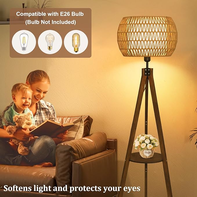 Boho Tripod Floor Lamps for Living Room, Wood Floor Lamp with Shelf, Mid Century Modern Standing Lamp with Rattan Shades, Foot Switch, Rustic Farmhouse Tall Lamps for Bedroom Office, Brown