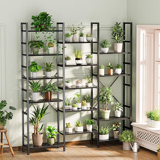 SUPERJARE Triple Bookshelf, Bookcase with 17 Open Display Shelves, Wide Book Shelf Book Case for Home & Office, 6 Tier, Black