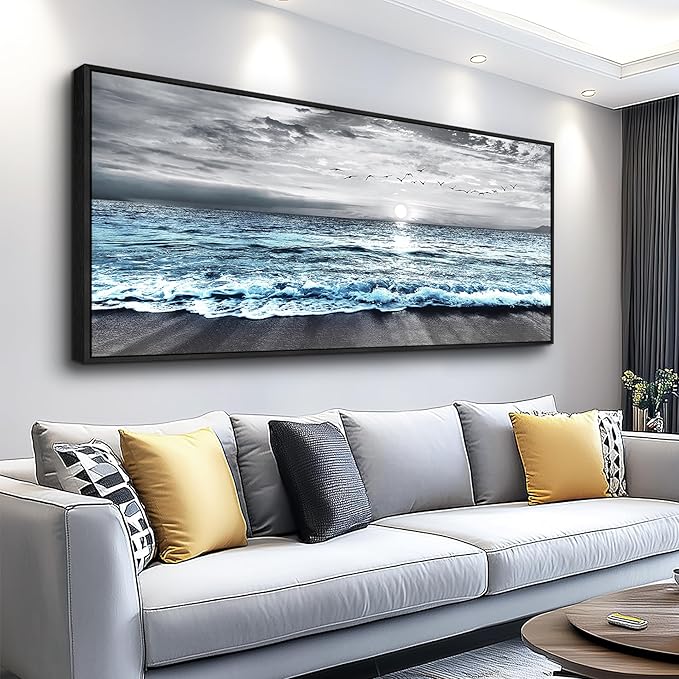Wapluam Large Wall Art For Living Room Wall Decor For Office Black And White Painting Bedroom Wall Decorations Blue Sea Wave Pictures Artwork For Modern Black Framed Beach Canvas Prints Poster