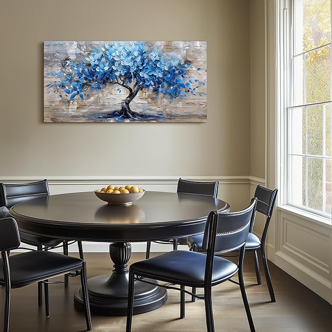 SERIMINO Tree of Life Wall Art Large Artwork, Blue Tree Abstract Wall Paintings, Nature Plant Canvas Art Prints, Modern Neutral Pictures Wall Decor Living Room Bedroom Office Meeting Room 24"X48"