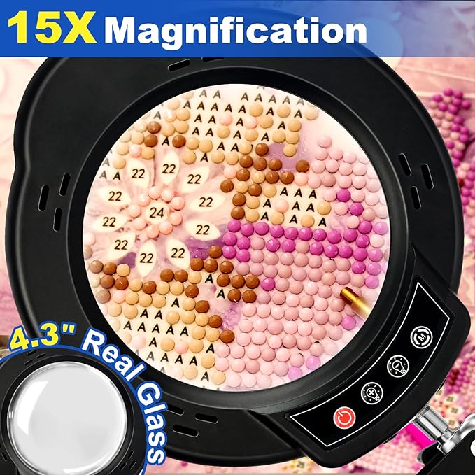15X Magnifying Glass with Light and Stand, 2-in-1 Lighted Magnifying Desk Lamp Dimmable Magnifier Lamp with Light and Clamp Long Arm 84PCS LED Beads Real Glass Lens for Work Close Work Hobby