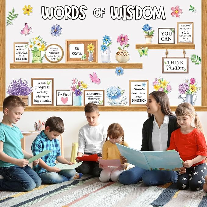57 Pcs Spring Bulletin Board Set Inspirational Flower Bulletin Board Decoration Positive Cutout Classroom Decoration for School Office Home Teacher Classroom Wall Supplies