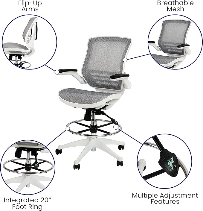 Flash Furniture Waylon Mid-Back Swivel Office Chair with Adjustable Foot Ring and Seat Height, Ergonomic Mesh Chair with Armrests, Gray/White