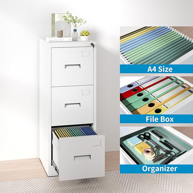 AQY 3 Drawer File Cabinet with Lock, Metal White Filing Cabinets for Home Office, 18" Deep Heavy Duty Vertical Storage Cabinet for Hanging A4/Letter/Legal Size Files, Assembly Required