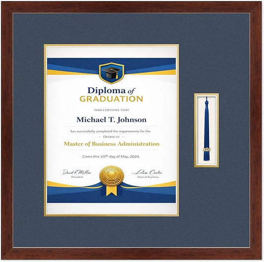 Diploma Frame with Tassel Holder Rustic Walnut Shadowbox Navy Blue Over Gold Mat - Fits 11 x 14 Degree Made in the USA