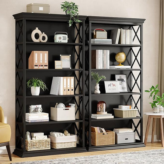 Tribesigns 6-Tier Bookcase Set of 2, 71 Inches Industrial Bookshelves and Bookcases, Floor Standing 5 Shelf Display Storage Shelves Tall Bookcase for Home Office, Living Room, Bed Room, Black