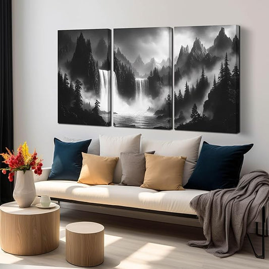 Waterfall Pictures Wall Art for Office - Black and White Canvas Wall Art for Living Room - 3 Piece Mountains Wall Art for Bedroom 16" x 24"