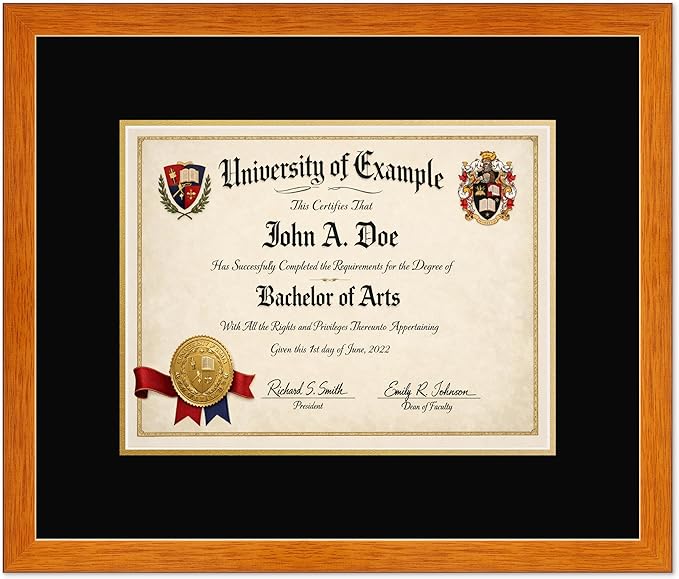 CountryArtHouse Diploma Frame Fits 13 x 10 College Diploma (Traditional) - Keepsake Graduation Display Honey Oak Genuine Hardwood with Black Over Metallic Gold Double mat