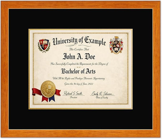 CountryArtHouse Diploma Frame Fits 13 x 10 College Diploma (Traditional) - Keepsake Graduation Display Honey Oak Genuine Hardwood with Black Over Metallic Gold Double mat